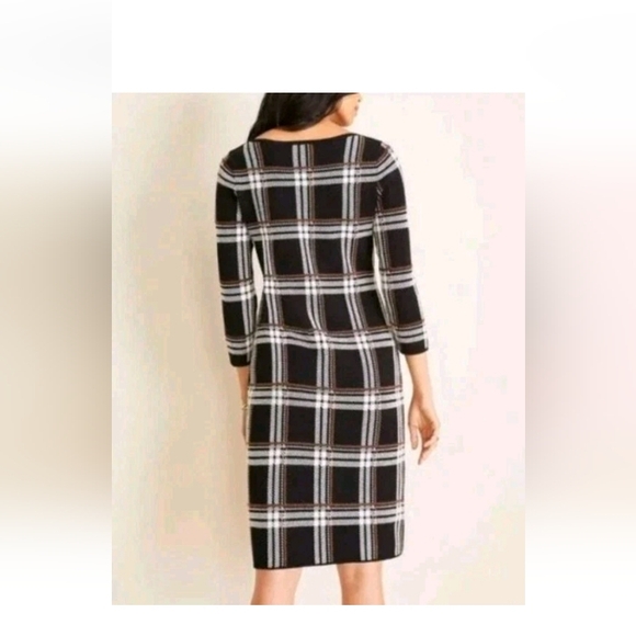 Ann Taylor Plaid Knit Sweater Dress 3/4 Sleeve Black Brown White Women's Size PL - Picture 3 of 6